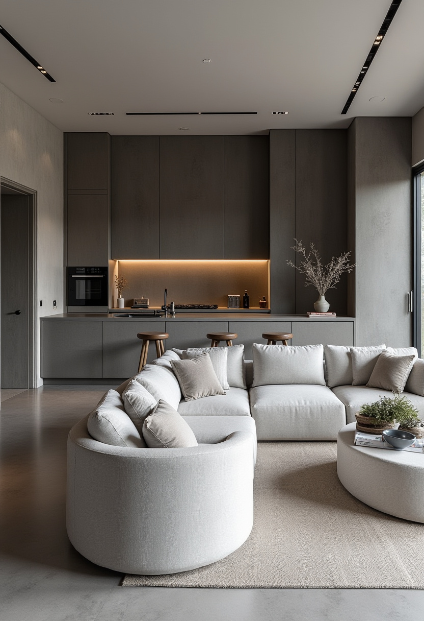 Looking for the perfect blend of comfort and style? This modern living room features a cozy white sectional sofa with soft beige cushions and a chic round coffee table, flowing effortlessly into a sleek kitchen with dark cabinets and warm lighting. It’s the ideal setup for lovers of open-concept living, neutral tones, and modern home design. Pin this to inspire your next living space upgrade!
#ModernLivingRoom #NeutralHomeDecor #OpenConceptDesign #WhiteSectionalSofa #CozyModernStyle #DarkKitchenCabinets #HomeInspo