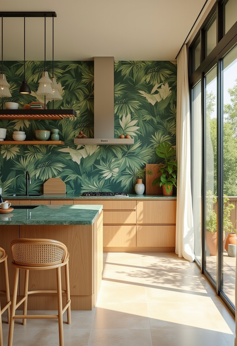 Want to add bold, refreshing vibes to your kitchen? This modern space combines tropical leaf wallpaper, light wood cabinets, and striking green countertops—brought to life by sunlight streaming through large glass doors. It's the perfect mix of nature-inspired design and contemporary style. Save this vibrant look for your kitchen mood board!
#ModernKitchenDesign #TropicalWallpaper #GreenCountertops #LightWoodCabinets #FreshHomeStyle #BoldKitchenInspo #NatureInspiredInteriors