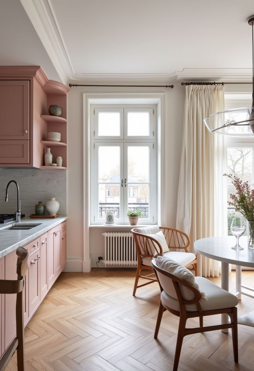 Love soft colors with a touch of elegance? This cozy kitchen features charming pink cabinets, sophisticated marble countertops, and warm natural light pouring in from a large window. Wooden chairs and a round dining table complete the inviting, stylish look—perfect for fans of feminine decor and modern cottage vibes. Pin this for your next kitchen inspiration!
#CozyKitchen #PinkCabinets #MarbleCountertops #FeminineHomeDecor #ModernCottageStyle #KitchenInspo #SoftColorPalette