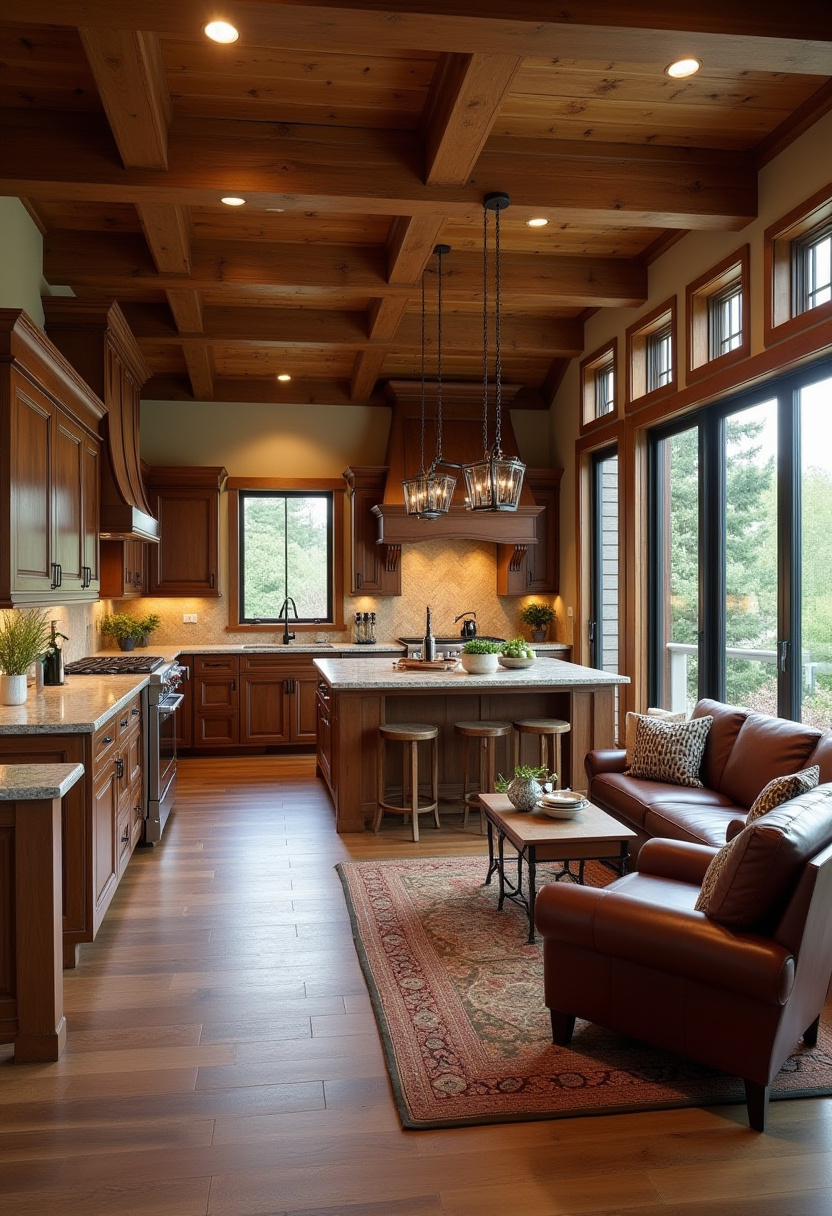 Dreaming of a kitchen that feels like home? This warm, rustic space features rich wooden cabinets, a detailed coffered ceiling, and large windows that flood the room with natural light. A central island, hanging lights, and a cozy seating area make it perfect for both everyday living and entertaining. Pin this timeless kitchen inspiration today!
#RusticKitchen #WarmInteriors #WoodenCabinets #CofferedCeiling #KitchenInspo #CozyHomeVibes #FarmhouseStyle