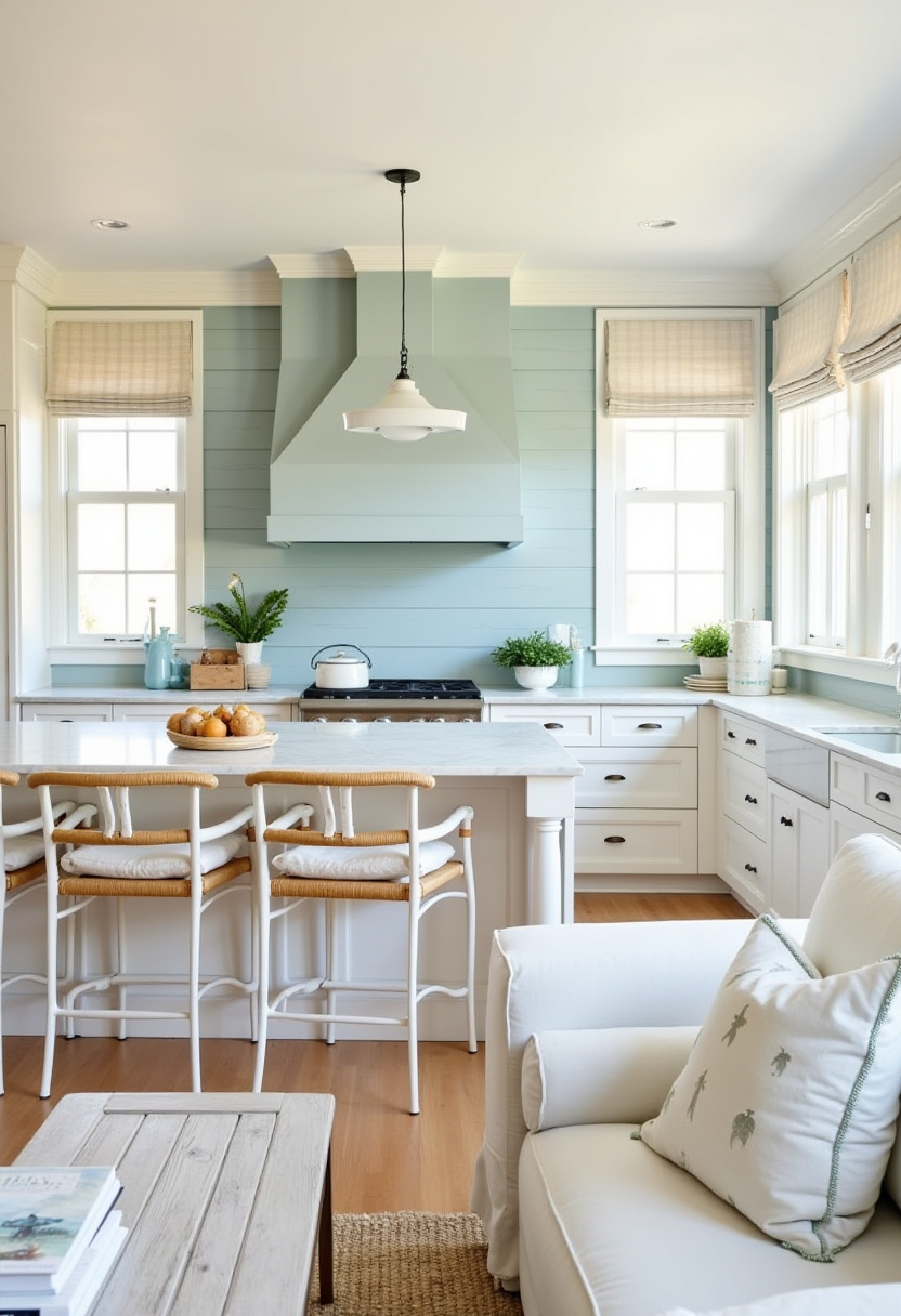 Looking to add charm and color to your kitchen? This cozy space features a light blue shiplap accent wall, white cabinets, and rattan bar stools—creating the perfect blend of coastal and farmhouse style. Soft lighting and green plants bring warmth and a fresh, inviting feel. Pin this for your next cozy kitchen makeover or small space refresh!
#CozyKitchen #ShiplapWall #FarmhouseKitchen #CoastalDecor #KitchenInspo #RattanBarStools #FreshKitchenStyle
