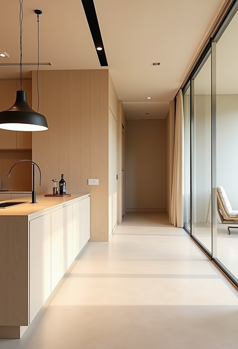 Searching for sleek, calming kitchen inspiration? This modern design features light wood cabinetry, a striking black pendant lamp, and a streamlined faucet—blending function with minimalist elegance. Glass doors open to a cozy nook with a cushioned chair, creating a seamless, tranquil flow throughout the space. Pin it now if you love modern minimalism with a warm touch!
#ModernKitchen #MinimalistDesign #LightWoodCabinets #TranquilInteriors #BlackPendantLight #CozyMinimalism #KitchenInspo