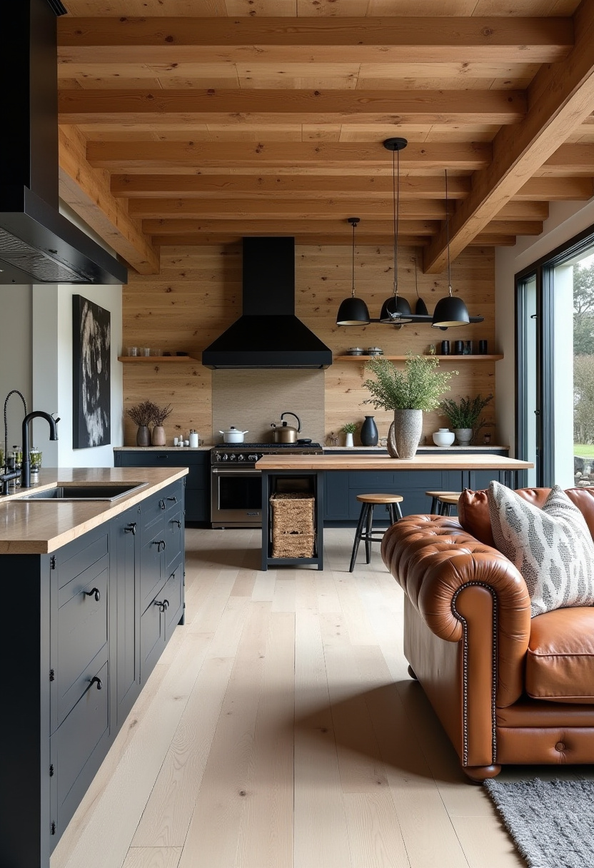 Love the blend of modern style and rustic charm? This kitchen features striking black cabinets, natural wood beams and flooring, and a central island that anchors the space beautifully. A cozy leather sofa and touches of greenery bring warmth and life, while natural light floods the room for a bright, inviting vibe. Pin this now for your dream kitchen inspiration!
#ModernRusticKitchen #BlackCabinets #WoodBeams #CozyKitchenVibes #LeatherSofaStyle #KitchenInspo #NaturalLightInteriors