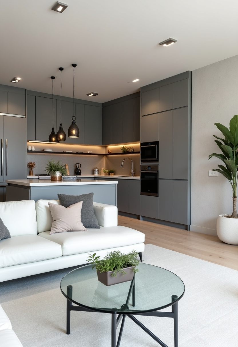 Looking for a stylish yet welcoming open-concept space? This modern kitchen and living area features sleek gray cabinets, elegant pendant lights, and a minimalist island—perfectly paired with a cozy white sofa, glass coffee table, and a large plant that brings in natural warmth. Ideal for fans of contemporary design, neutral palettes, and clean, functional layouts. Save this pin for your next home design inspo!
#ModernKitchenLiving #OpenConceptDesign #GrayCabinets #NeutralHomeDecor #ContemporaryInteriors #CozyModernVibes #InteriorInspiration