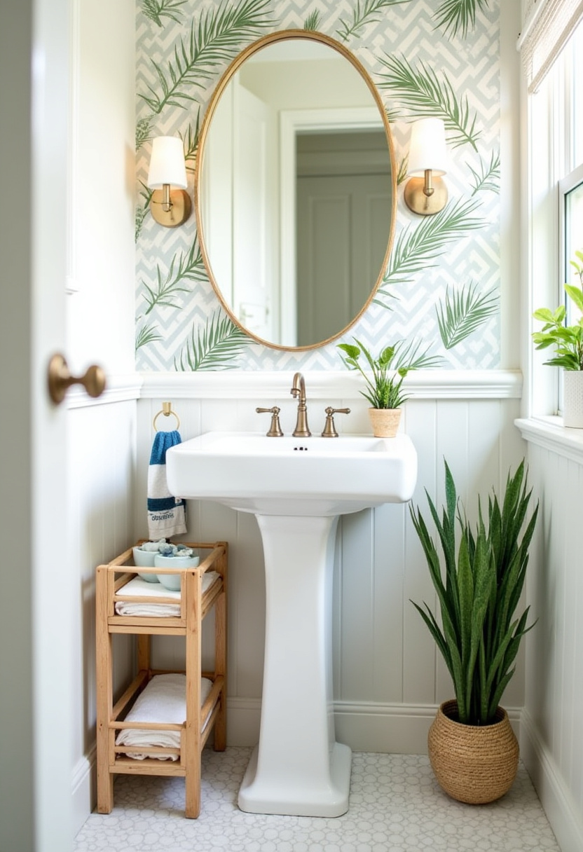 Tropical vibes flow in this compact bathroom with leafy wallpaper, a pedestal sink, and potted plants. A fresh take on small space design.
#TropicalBathroom #LeafPrintWallpaper #SmallBathroomStyle #NaturalBathroomInspo #PottedPlantDecor