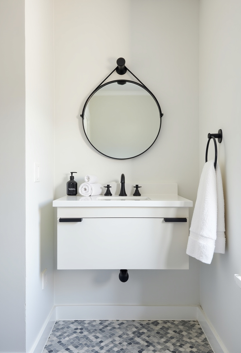 Minimalism meets elegance in this bathroom with a round mirror, black faucet, and white vanity. Tidy counter with rolled towels and soap finishes the sleek look.
#MinimalistBathroomDesign #BlackAndWhiteStyle #BathroomOrganization #SleekVanityIdeas #SimpleBathroomLook