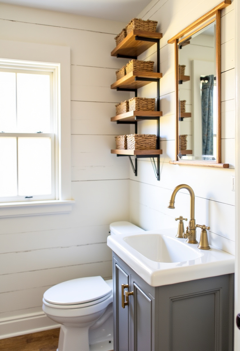 A cozy bathroom featuring white shiplap walls, a brass faucet, and a gray vanity. Wicker baskets on shelves and soft lighting create a warm, inviting feel.
#FarmhouseBathroom #ShiplapWallBathroom #BrassBathroomFixtures #CozyBathroomInspo #SoftBathroomLighting