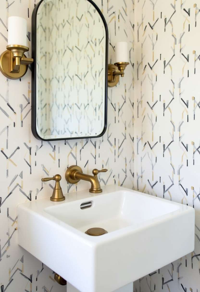 Chic and stylish, this bathroom features gold fixtures, a patterned wallpaper, and a rounded mirror with matching gold sconces. Glamorous and modern.
#GoldBathroomAccents #ChicBathroomStyle #PatternedWallpaper #BathroomLightingIdeas #ModernGlamBathroom