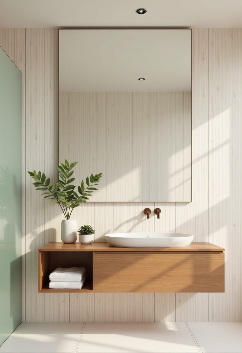 Simplicity meets nature in this modern bathroom with a sleek wooden vanity, oval sink, and large mirror. A small plant adds the perfect fresh touch.
#ModernBathroomVanity #WoodVanityLook #FreshBathroomIdeas #NaturalDecorBathroom #MinimalistSinkDesign