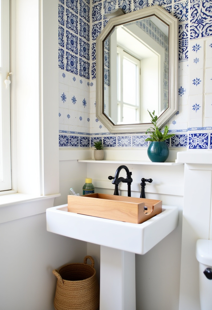 Lively and fresh, this bathroom uses blue and white patterned tiles, potted plants, and a wooden tray to create a clean, airy ambiance.
#PatternedTileBathroom #BlueBathroomIdeas #CleanBathroomLook #GeometricMirror #FreshBathroomVibes