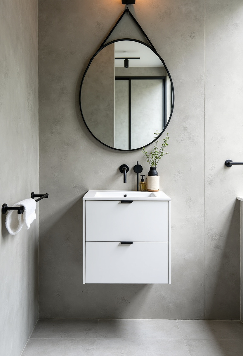 Modern elegance in a minimalist bathroom with a floating white vanity, round mirror, and black fixtures. Neutral tones and a small plant keep it calming and stylish.
#FloatingVanity #MinimalistBathroomDesign #BlackFixturesBathroom #NeutralToneDecor #ModernBathroomInspo