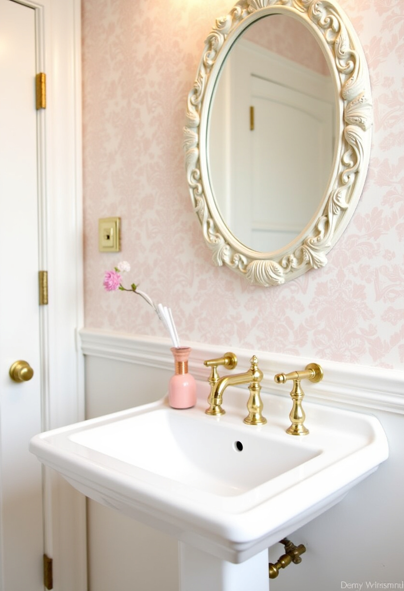 Vintage elegance comes to life with pink floral wallpaper, an ornate mirror, and a white pedestal sink. Brass fixtures and a pink vase add timeless charm.
#VintageBathroom #FloralWallpaperStyle #OrnateMirrorLook #PinkBathroomDecor #ClassicBathroomElegance