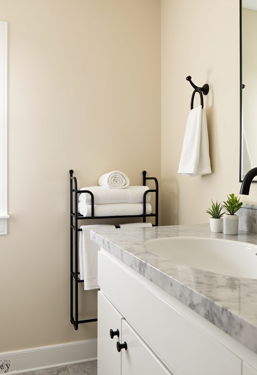 Sleek and minimalist, this bathroom features a white countertop, black faucet, and towel rack with rolled towels. Two potted plants add just the right natural touch.
#MinimalistBathroom #WhiteAndBlackDesign #TowelRackInspo #SimpleBathroomStyle #GreenBathroomAccent