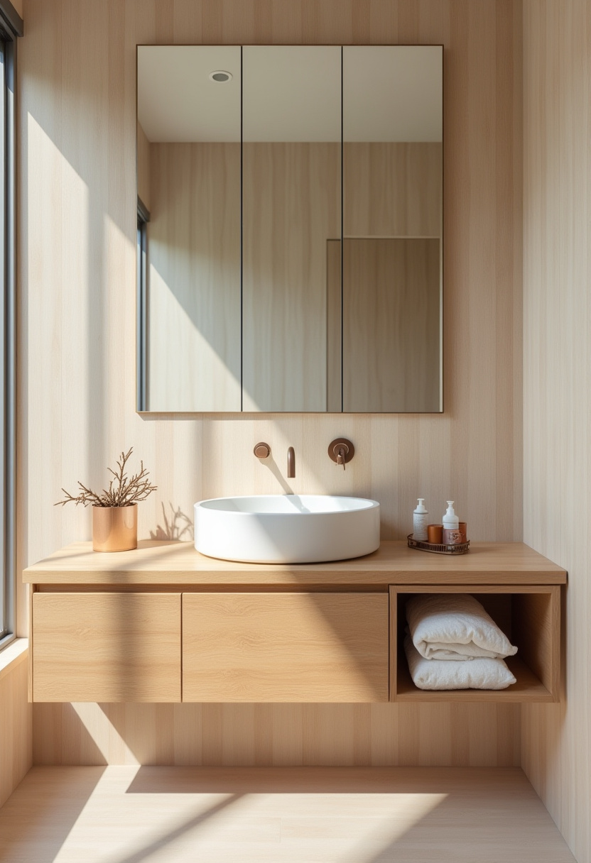 Peaceful and earthy, this minimalist bathroom highlights wood paneling, a round white vessel sink, and natural light. Folded towels complete the tranquil look.
#WoodBathroomDesign #MinimalistVanity #NaturalBathroomStyle #SereneBathroomVibes #EarthyBathroomLook