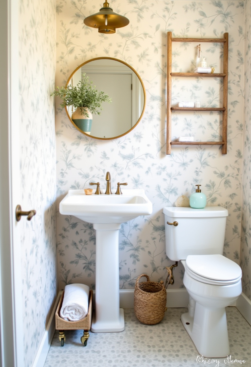 Compact and cozy bathroom with floral wallpaper, a classic pedestal sink, and a ladder shelf full of decor. Brass fixtures and a round mirror complete the inviting vibe.
#FloralBathroom #CozyBathroomDecor #PedestalSinkStyle #VintageBathroomCharm #SmallBathroomDesign