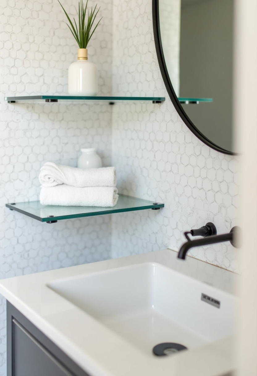 Simple elegance shines in this modern bathroom with a white sink, black faucet, and glass shelves. Rolled towels and a plant add beauty and function.
#ModernBathroomDesign #GlassShelving #BlackFixtures #BathroomStorageIdeas #CleanBathroomLook