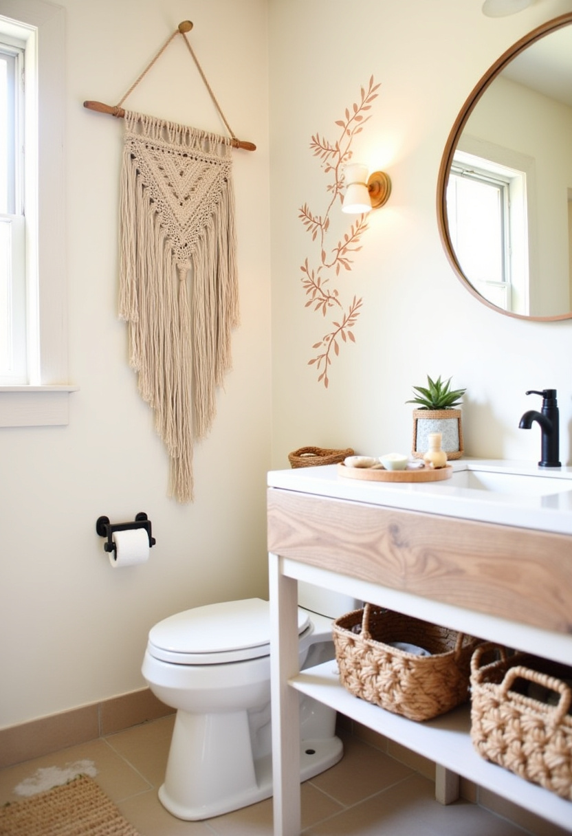 Create serenity with this cozy bathroom featuring a wooden vanity, macramé wall hanging, and leafy stencil art. Natural tones and plants soften the space beautifully.
#BohoBathroom #WoodVanityDesign #BathroomMacrame #CozyBathroomIdeas #PlantDecorBathroom