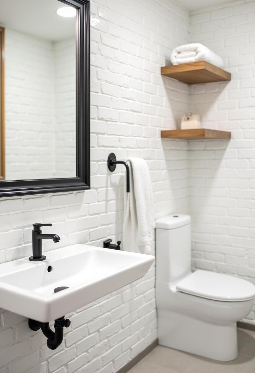 Bright and modern, this white brick-wall bathroom has minimalist appeal. Black fixtures, wooden shelves, and a wall-mounted sink create functional simplicity.
#ModernBathroomLook #WhiteBrickWalls #MinimalistFixtures #FunctionalBathroomDesign #NeutralBathroomDecor