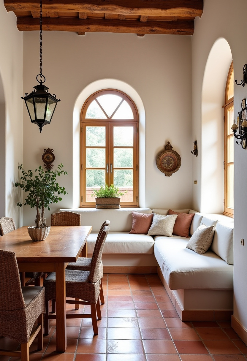Create a cozy dining nook with warm terracotta tiles, a wooden table, and inviting wicker chairs paired with a comfy white bench. The arched window and lantern add rustic charm, perfect for fans of farmhouse style, rustic decor, and intimate dining spaces. ✨ Want to bring this charming vibe into your home? Save this pin for your next cozy makeover!
#CozyDiningNook #RusticCharm #FarmhouseStyle #TerracottaTiles #WickerChairs #WarmInteriors #DiningRoomInspo #HomeDecorIdeas