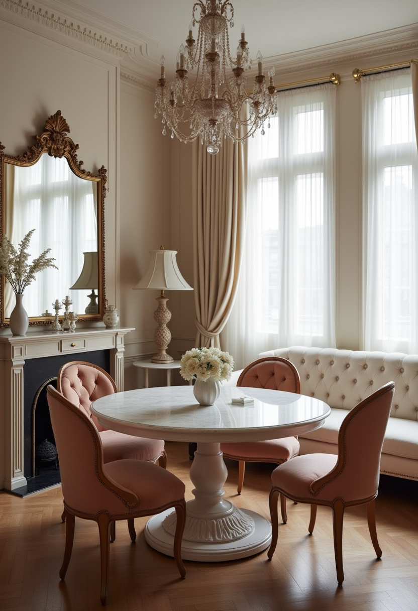 Step into elegance with this stunning dining room featuring pastel pink chairs around a sleek white marble table. A vintage chandelier and ornate mirror add timeless charm, while soft ivory drapes and walls create a serene, sophisticated atmosphere—perfect for lovers of classic luxury, feminine decor, and refined interiors. ✨ Ready to elevate your dining space? Save this pin for your next home inspiration!
#ElegantDiningRoom #PastelDecor #MarbleTable #VintageChandelier #SophisticatedInteriors