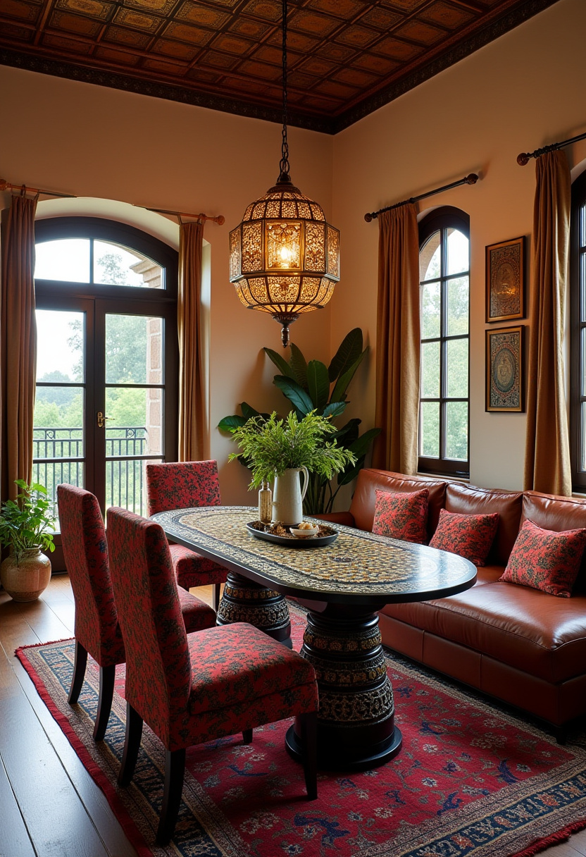 Bring exotic warmth to your dining room with a Moroccan-inspired table and chairs set atop a vibrant red patterned rug. The ornate chandelier adds a touch of elegance, while large windows and lush plants fill the space with natural light and life—perfect for lovers of boho chic, global decor, and cozy interiors. ✨ Ready to add a worldly touch to your home? Save this pin for your next design inspiration!
#MoroccanDecor #BohoChic #WarmInteriors #OrnateChandelier #RedPatternedRug #GlobalStyle #CozyDiningRoom #HomeDecorIdeas