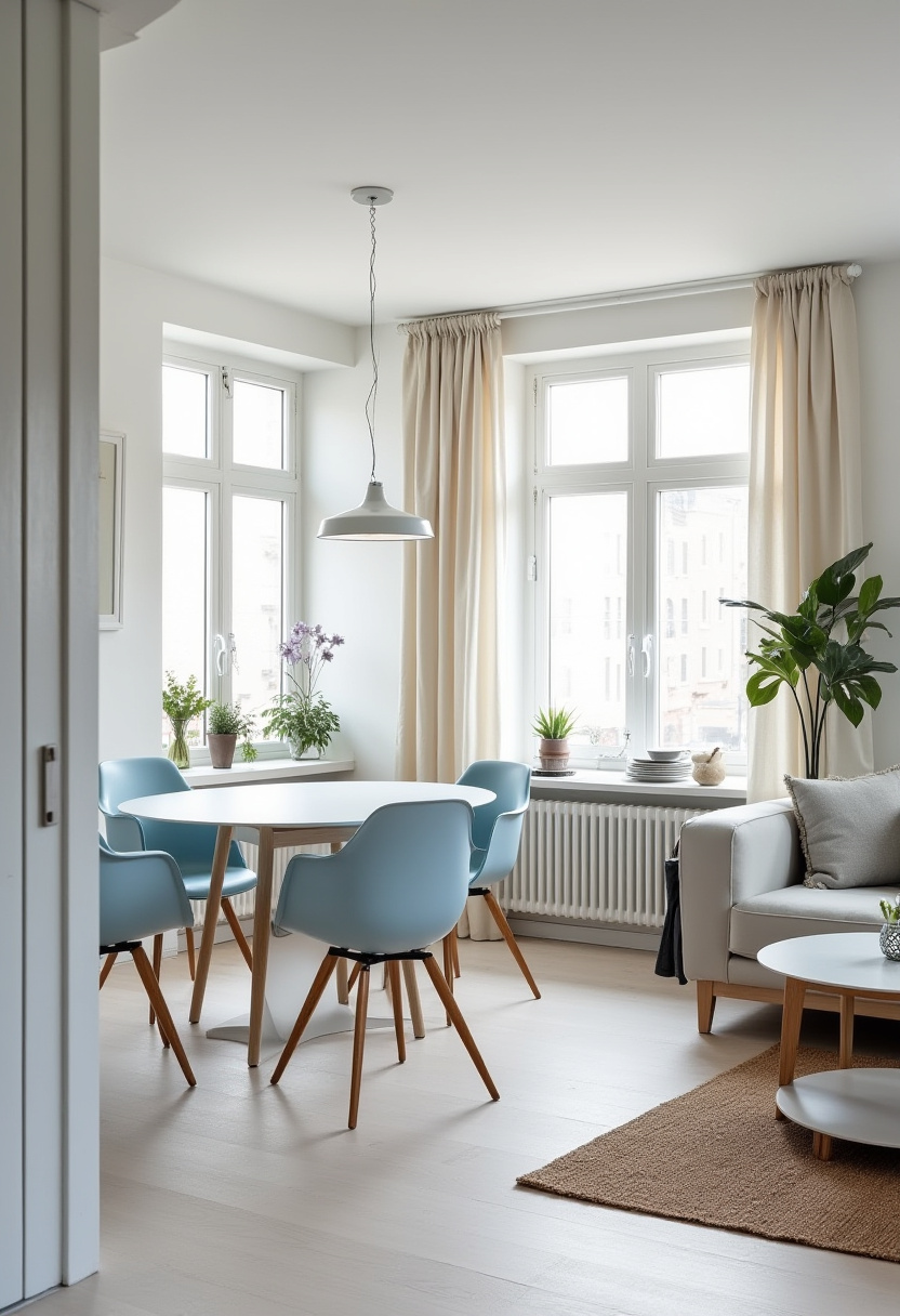 Brighten up your dining space with light blue chairs paired beautifully around a crisp white table. Natural light streaming through large windows, soft beige curtains, and lush green plants create a serene, calming atmosphere—perfect for fans of coastal style, Scandinavian design, and fresh, airy interiors. ✨ Ready to refresh your dining room? Save this pin for your next home makeover!
#BrightDiningRoom #CoastalStyle #ScandinavianDesign #NaturalLight #SereneSpaces #FreshInteriors #GreenPlants #HomeDecorInspo