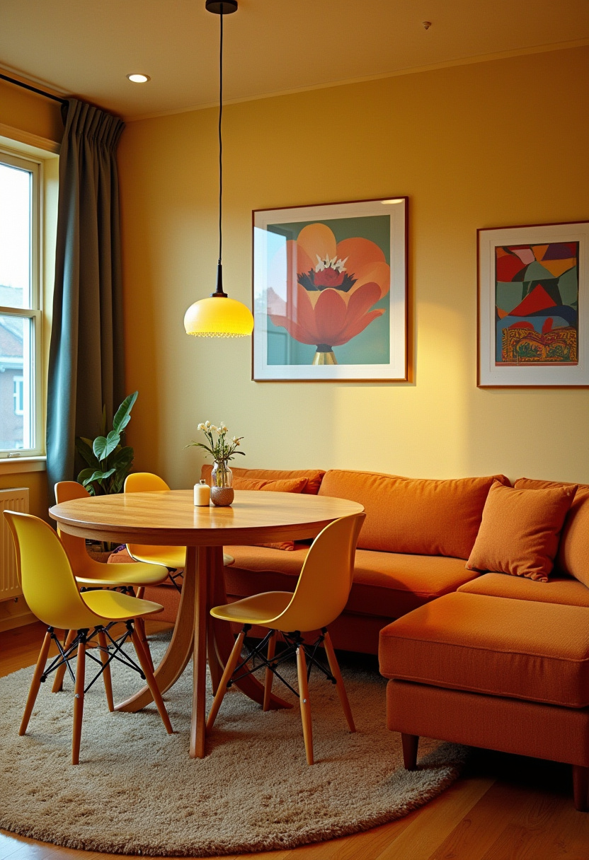 Add a burst of warmth to your living room with cozy yellow walls and a vibrant orange sectional sofa. The round wooden table paired with sunny yellow chairs and bright artwork creates a lively, inviting space, while lush plants bring in natural freshness—perfect for fans of colorful interiors, boho vibes, and cheerful decor. ✨ Ready to energize your home? Save this pin for your next design inspiration!
#CozyLivingRoom #ColorfulInteriors #BohoVibes #YellowWalls #OrangeSofa #BrightArtwork #WarmSpaces #HomeDecorIdeas