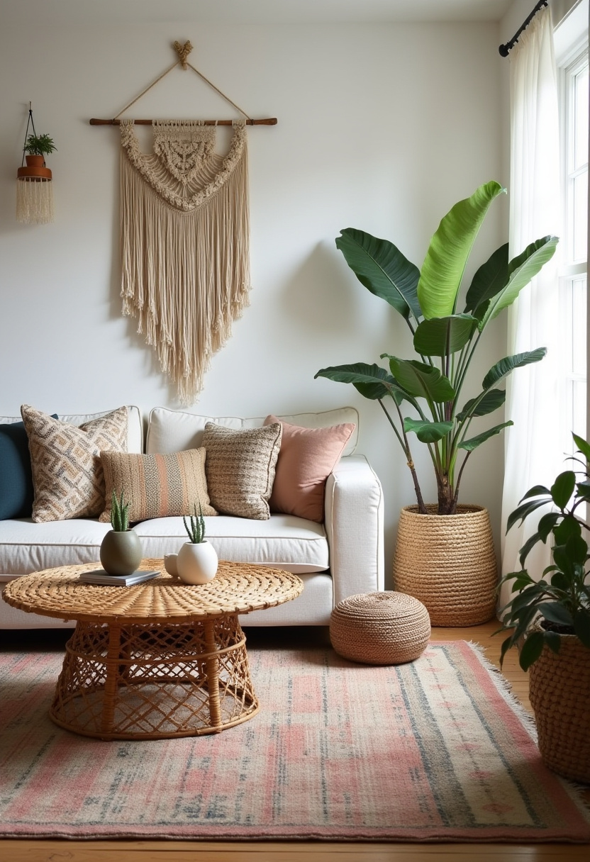 Create a cozy living room that blends comfort with boho charm, featuring a white sofa topped with patterned cushions and a woven coffee table for natural texture. The large plant and macramé wall hanging add a fresh, earthy vibe—perfect for lovers of bohemian decor, cozy interiors, and natural home accents. ✨ Ready to refresh your space? Pin this cozy boho inspiration now!
#CozyLivingRoom #BohoDecor #MacraméWallHanging #WovenFurniture #NaturalHomeDecor #BohemianStyle #HomeDecorIdeas #LivingRoomInspo
