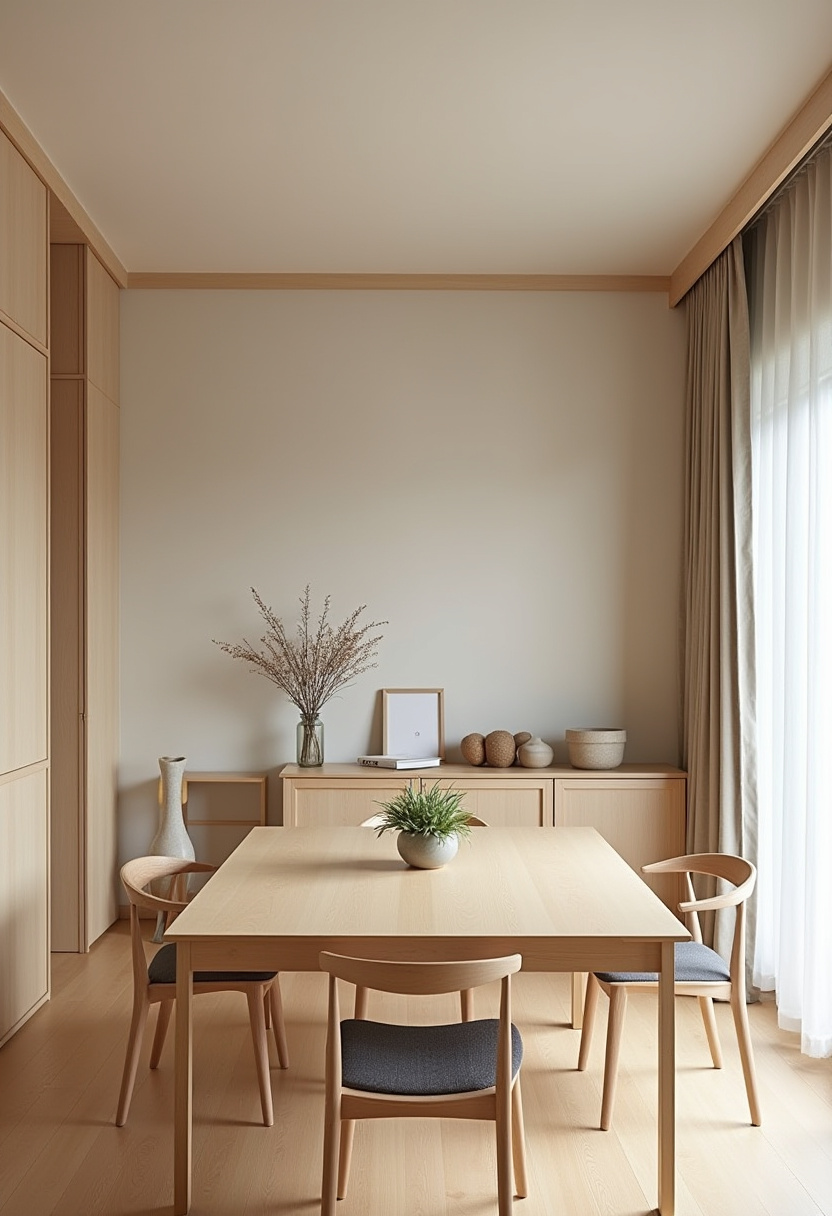 Create a minimalist dining room that feels cozy and serene with a simple wooden table, four chairs, and a fresh potted plant centerpiece. Beige walls and curtains paired with soft natural light make this space perfect for fans of Scandinavian design, neutral interiors, and peaceful dining areas. ✨ Looking to simplify and beautify your dining space? Save this pin for your next home refresh!
#MinimalistDiningRoom #ScandinavianDesign #NeutralInteriors #CozySpaces #NaturalLight #SimpleLiving #DiningRoomInspo #HomeDecorIdeas