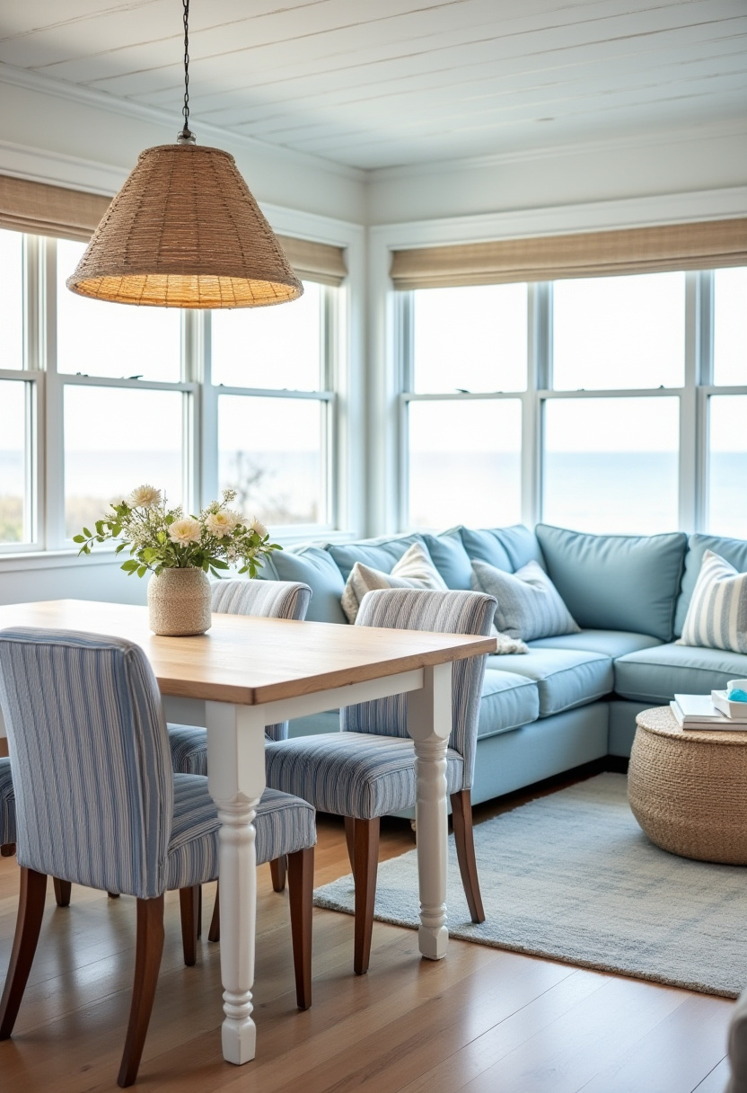 Bring the beachy vibes home with this cozy coastal living room featuring a light blue sectional sofa, classic striped chairs, and a warm wooden table. The wicker pendant lamp and fresh flowers add natural texture and inviting warmth—perfect for fans of coastal decor, nautical style, and relaxed interiors. ✨ Ready to create your own seaside sanctuary? Save this pin for your next room makeover!
#CoastalLivingRoom #BeachStyle #NauticalDecor #WickerLighting #CozyInteriors #LightBlueSofa #HomeDecorInspo #RelaxedLiving