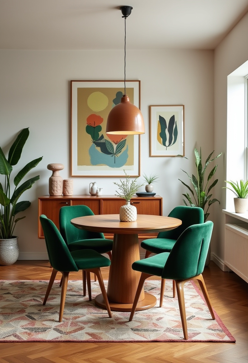 Create a cozy dining room that’s full of life with a round wooden table and vibrant green chairs, all warmed by a soft pendant light. Artistic touches and lush plants bring personality to this calm space, perfect for lovers of earthy tones, boho decor, and inviting interiors. ✨ Inspired to refresh your dining area? Save this pin for your next cozy makeover!
#CozyDiningRoom #EarthyTones #BohoDecor #WarmLighting #GreenChairs #NaturalInteriors #DiningRoomInspo #HomeDecorIdeas