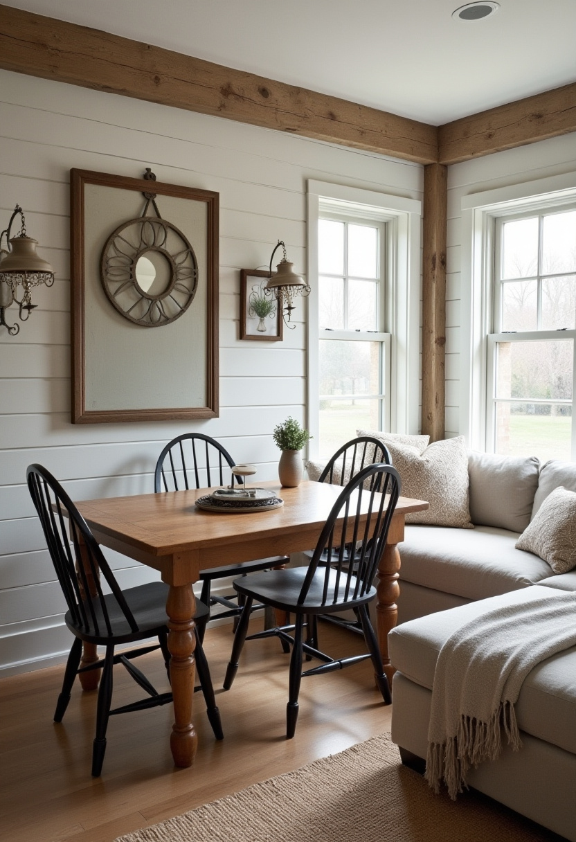 Create a cozy dining area with a warm wooden table paired with four sleek black chairs and a comfy beige sectional. Rustic decor elements like framed art, a round mirror, and wall sconces add charm, while natural light fills the space for a bright, inviting vibe. Perfect for fans of rustic style, farmhouse decor, and cozy interiors. ✨ Ready to make your dining space warm and welcoming? Save this pin for your next home inspiration!
#CozyDiningRoom #RusticDecor #FarmhouseStyle #NaturalLight #WarmInteriors #DiningRoomInspo #HomeDecorIdeas #RusticCharm