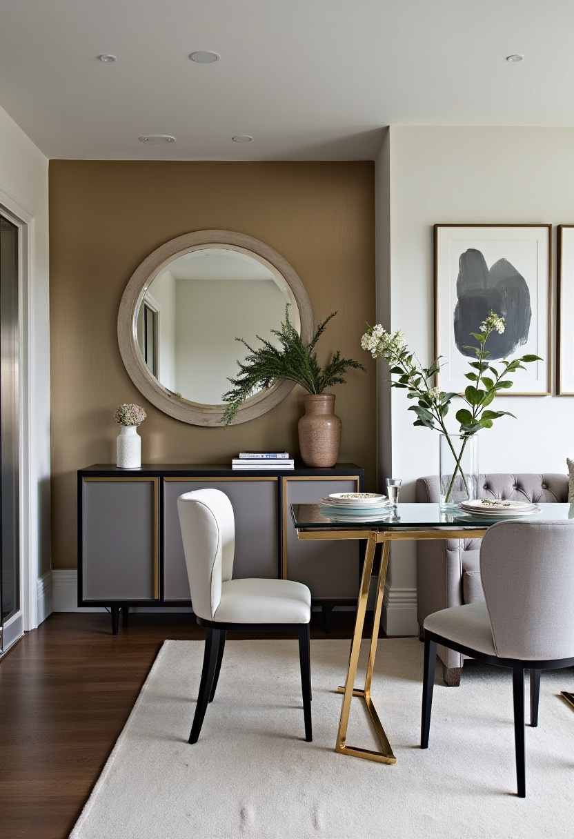 Elevate your dining experience with this sophisticated space featuring a gold-framed glass table and elegant beige chairs. A round mirror above the console, along with lush plants and abstract art, adds depth and style—perfect for lovers of modern glam, luxury interiors, and chic dining rooms. ✨ Inspired to bring elegance home? Save this pin for your next design project!
#SophisticatedDiningRoom #ModernGlam #LuxuryInteriors #GoldAccents #ChicDecor #DiningRoomInspo #HomeDecorIdeas #ElegantSpaces