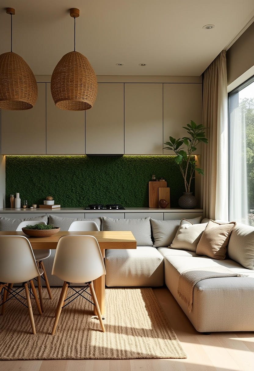 Create a modern living room that feels both cozy and bright with a beige sectional sofa, wooden dining table, and sleek white chairs. The green plant wall and wicker pendant lights add natural texture, while the large window floods the space with light—perfect for fans of contemporary decor, biophilic design, and warm interiors. ✨ Ready to refresh your home with natural vibes? Save this pin for your next design inspiration!
#ModernLivingRoom #CozyInteriors #BiophilicDesign #WickerLighting #BrightSpaces #NaturalDecor #HomeDecorInspo #ContemporaryStyle