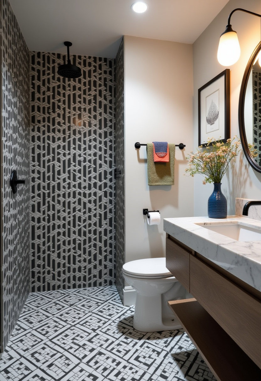 Stylish modern bathroom with black-and-white geometric tiles, ceiling shower, marble vanity, and soft lighting. A vase of flowers adds charm.
#GeometricBathroom #CeilingShowerhead #MarbleVanityTop #ElegantBathroomDecor #ModernTileStyle