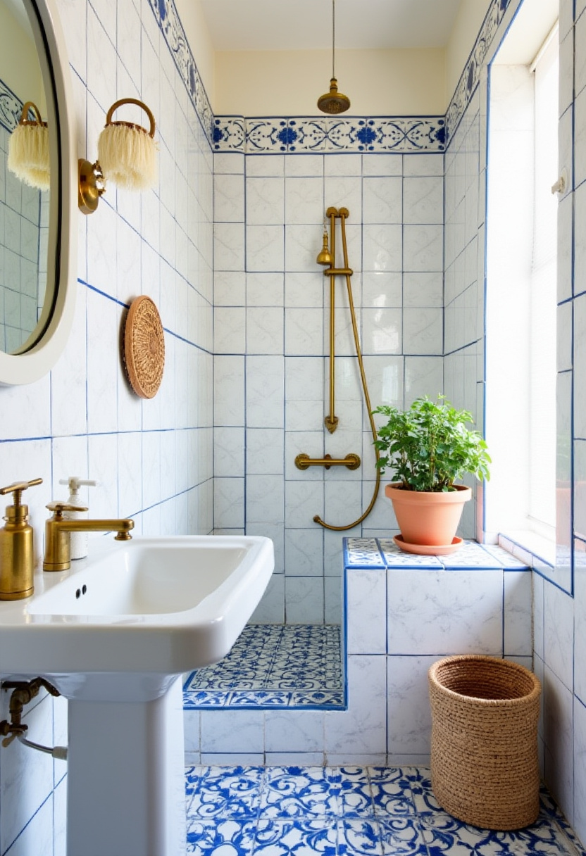 Spanish-inspired bathroom with blue-and-white tiles, gold fixtures, and a cozy white basin. A touch of greenery adds to the vibrant warmth.
#SpanishBathroomDesign #BlueTileInspiration #GoldShowerFixtures #CozyBathroomDecor #WarmBathroomIdeas