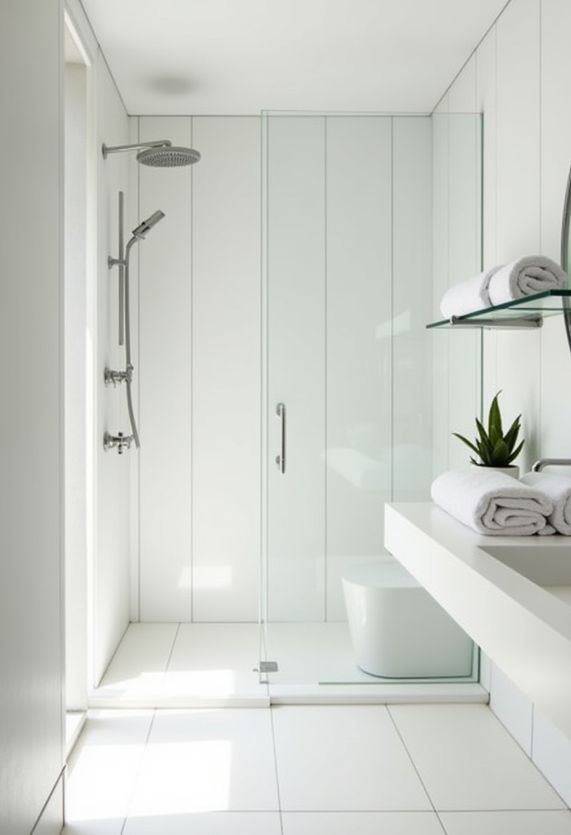 Modern minimalist bathroom with a glass shower, floating shelf, white tile walls, and plants. A peaceful and bright sanctuary.
#MinimalistBathroomLook #FloatingShelfStorage #GlassShowerStyle #WhiteTileBathroom #PlantDecorIdeas