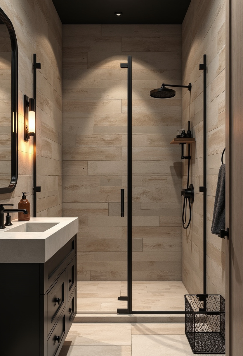 Modern bathroom with beige tiled walls and black fixtures inside a glass shower. A dark vanity and glowing wall light add cozy sophistication.
#BeigeTileShower #BlackBathroomFixtures #ModernVanityDesign #CozyBathroomLighting #NeutralBathroomTone