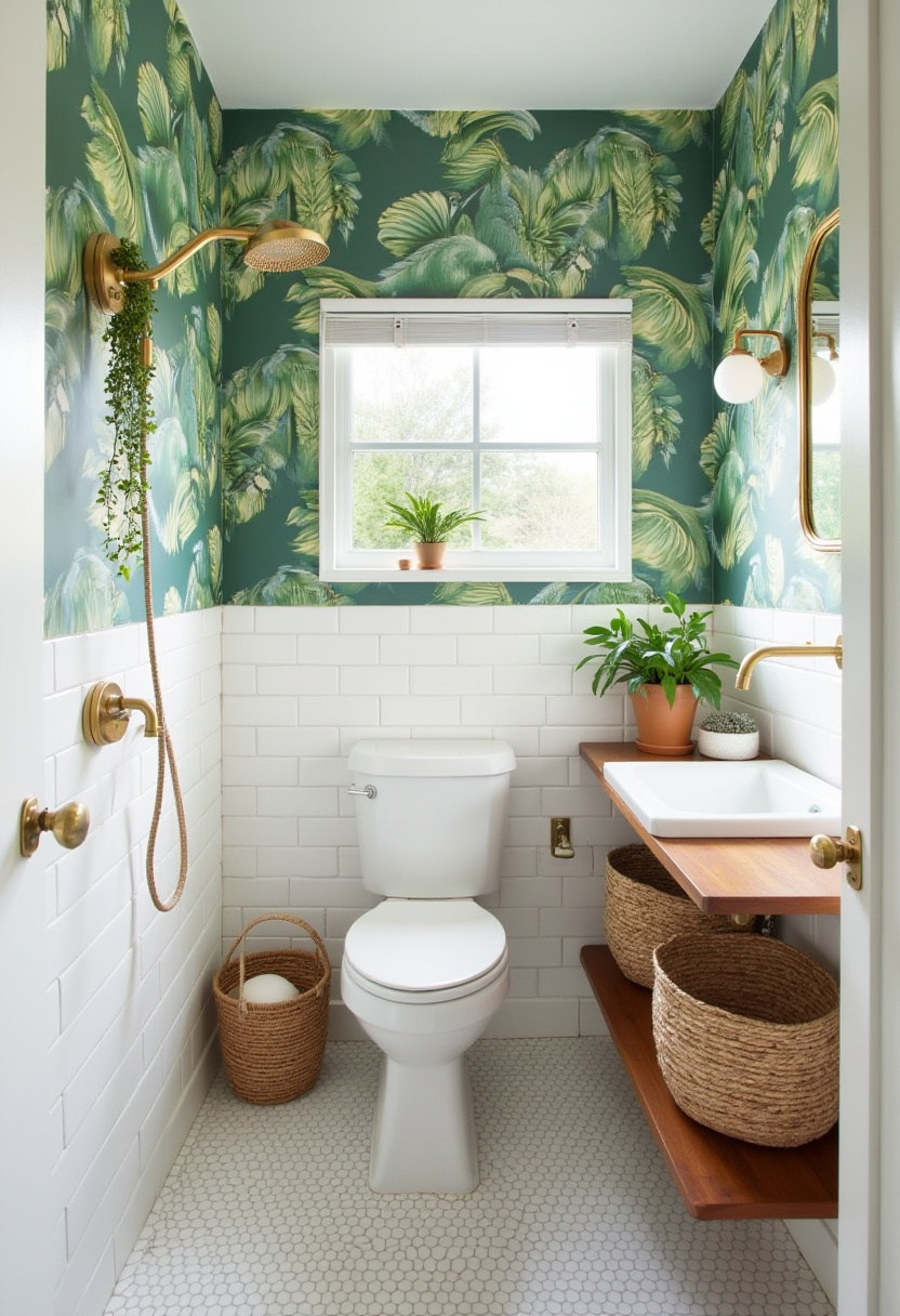 Cozy bathroom with tropical wallpaper, white tile, gold fixtures, and wooden shelves holding plants. Natural light enhances the warm, lively vibe.
#TropicalBathroomStyle #LeafWallpaper #GoldBathroomAccents #PlantShelfDecor #WarmBathroomIdeas