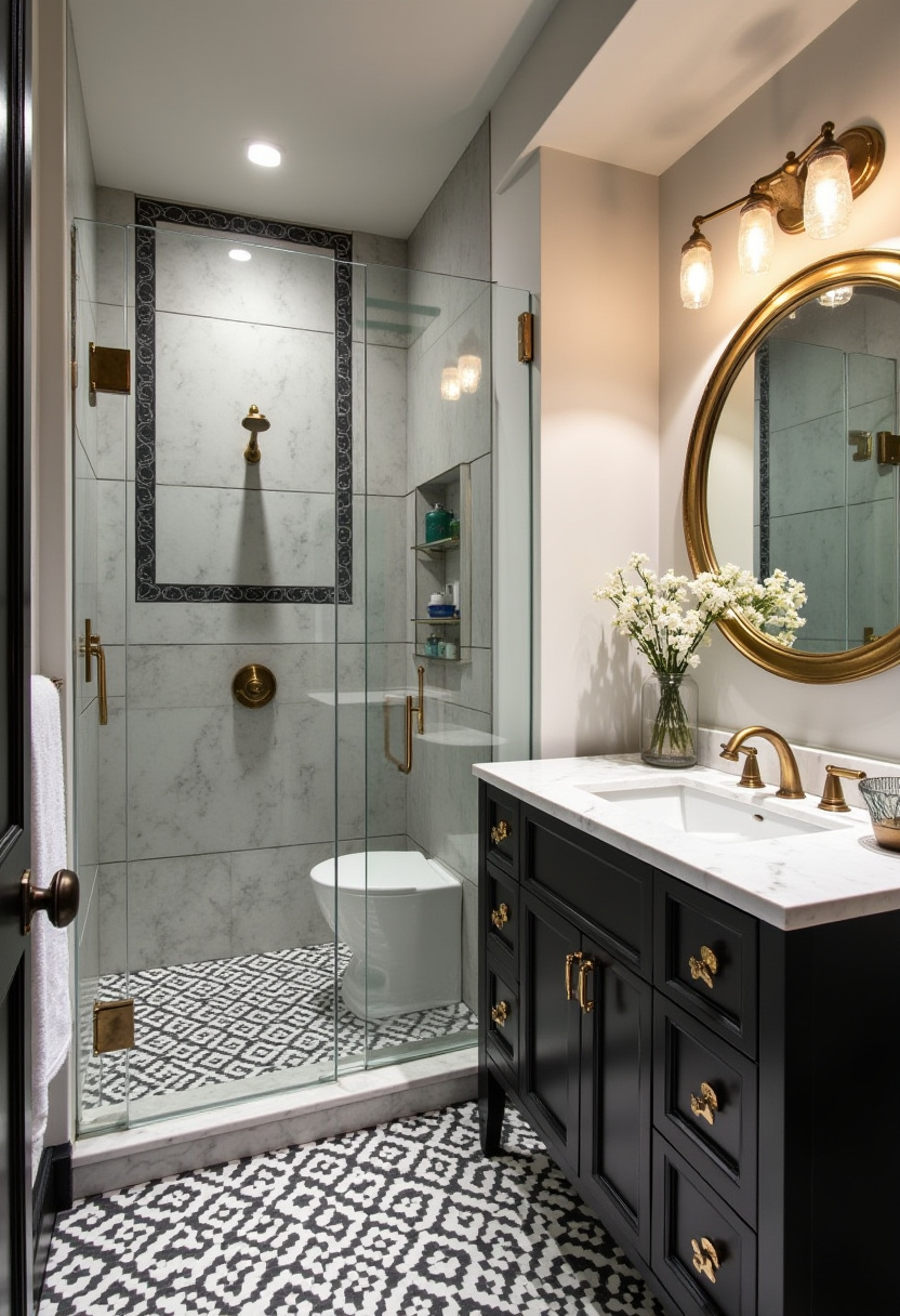 Elegant bathroom with gold fixtures, marble tiles, and a glass shower. Black vanity, round mirror, and fresh flowers complete the charming design.
#ElegantBathroomLook #GoldShowerDesign #MarbleTileBathroom #BlackVanityStyle #CharmingBathroomVibes