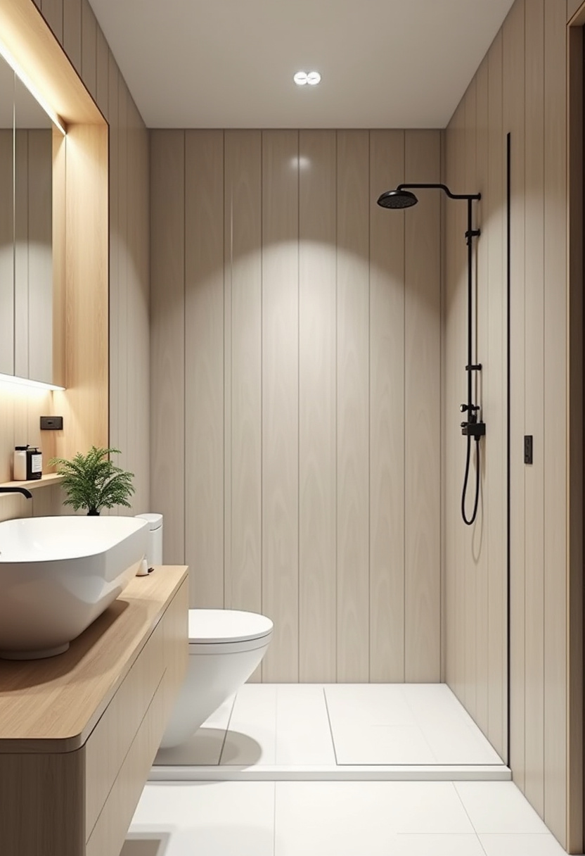 Minimalist bathroom with light wood panel walls, vessel sink, black shower, and a small plant. A calm and modern design that feels naturally serene.
#WoodPanelBathroom #VesselSinkVanity #BlackShowerFixtures #MinimalistDesignStyle #SereneBathroomInspo