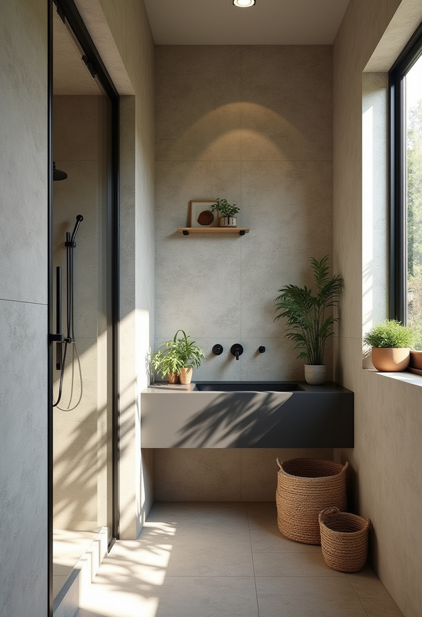 Soft neutral tones, black vanity, large window, and woven baskets define this modern bathroom. Green plants add freshness to this bright and cozy space.
#NeutralBathroomPalette #ModernBathroomDecor #BlackVanityStyle #WickerBathroomStorage #CozyBathroomLook