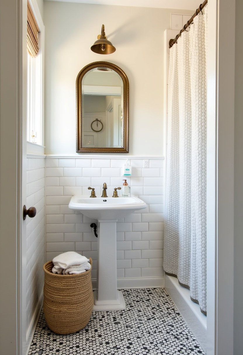 Compact bathroom with white subway tiles, patterned floor tiles, pedestal sink, and bronze fixtures. Wicker storage and natural light enhance charm.
#SmallBathroomDesign #PatternTileFloor #BronzeBathroomHardware #WickerBathroomIdeas #BrightBathroomStyle