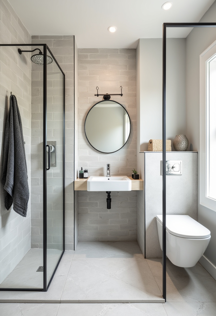 Modern bathroom with gray tiles, a round mirror over a square sink, and a wall-mounted toilet. Clean lines and a glass shower create a sleek, minimalist look.
#ModernBathroomDesign #GrayTileBathroom #RoundMirrorVanity #MinimalistToiletStyle #CleanBathroomLook