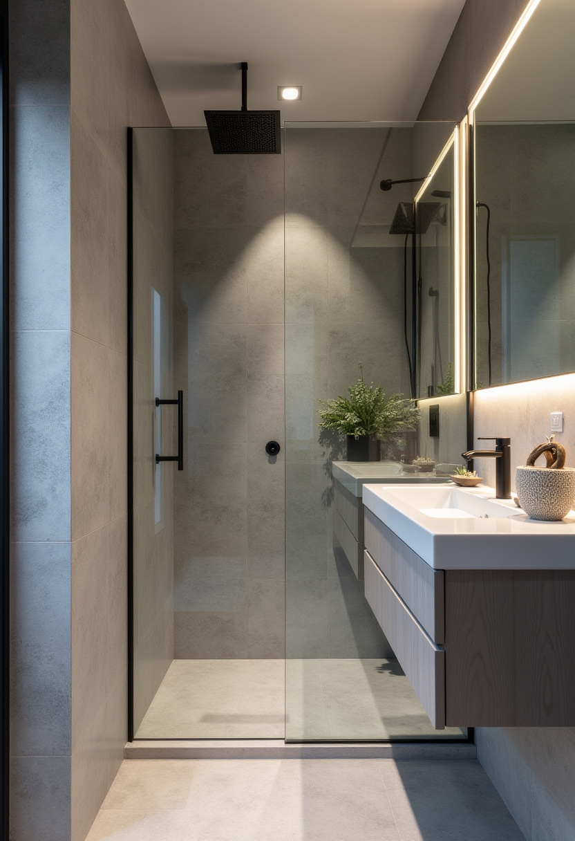 Modern bathroom with sleek white sink, glass-enclosed shower, black rain showerhead, and a leafy plant. Warm lighting creates a cozy, clean vibe.
#ModernShowerDesign #GlassEnclosureShower #BlackShowerheadStyle #WarmBathroomLighting #SimpleCozyBathroom