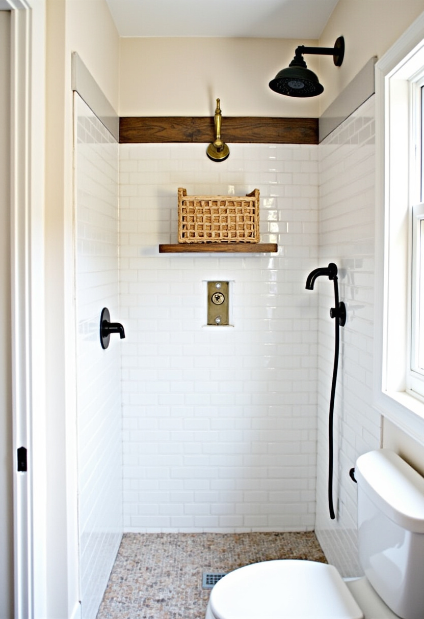 A calming minimalist bathroom with white subway tiles and pebble flooring. Black fixtures, a wood shelf, and natural light create a fresh spa-like feel.
#MinimalistShower #SubwayTileBathroom #PebbleFloorDesign #BlackFixturesBathroom #SpaBathroomInspo
