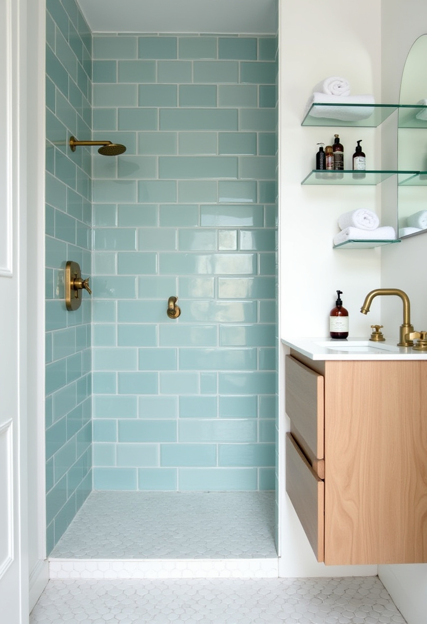 Bright modern bathroom with light blue subway tiles, brass hardware, and a wooden vanity. Glass shelves provide chic storage for towels and essentials.
#BlueTileBathroom #BrassBathroomFixtures #WoodVanityInspo #CleanBathroomDesign #FreshBathroomStyle