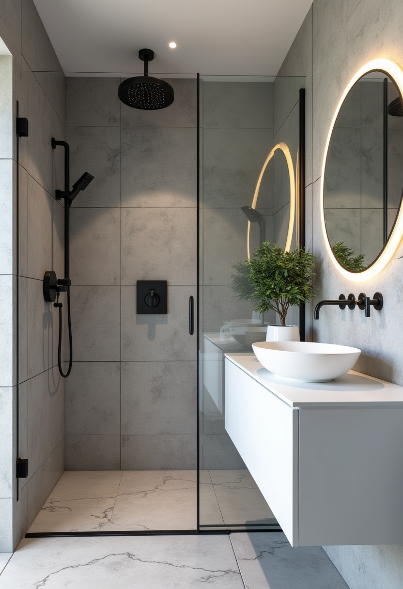 Minimalist bathroom with a glass shower enclosure, wall-mounted fixtures, and a round backlit mirror. A potted plant adds tranquility to this modern retreat.
#MinimalistBathroomDecor #GlassShowerEnclosure #BacklitMirror #SimpleBathroomLook #ModernBathroomSerenity