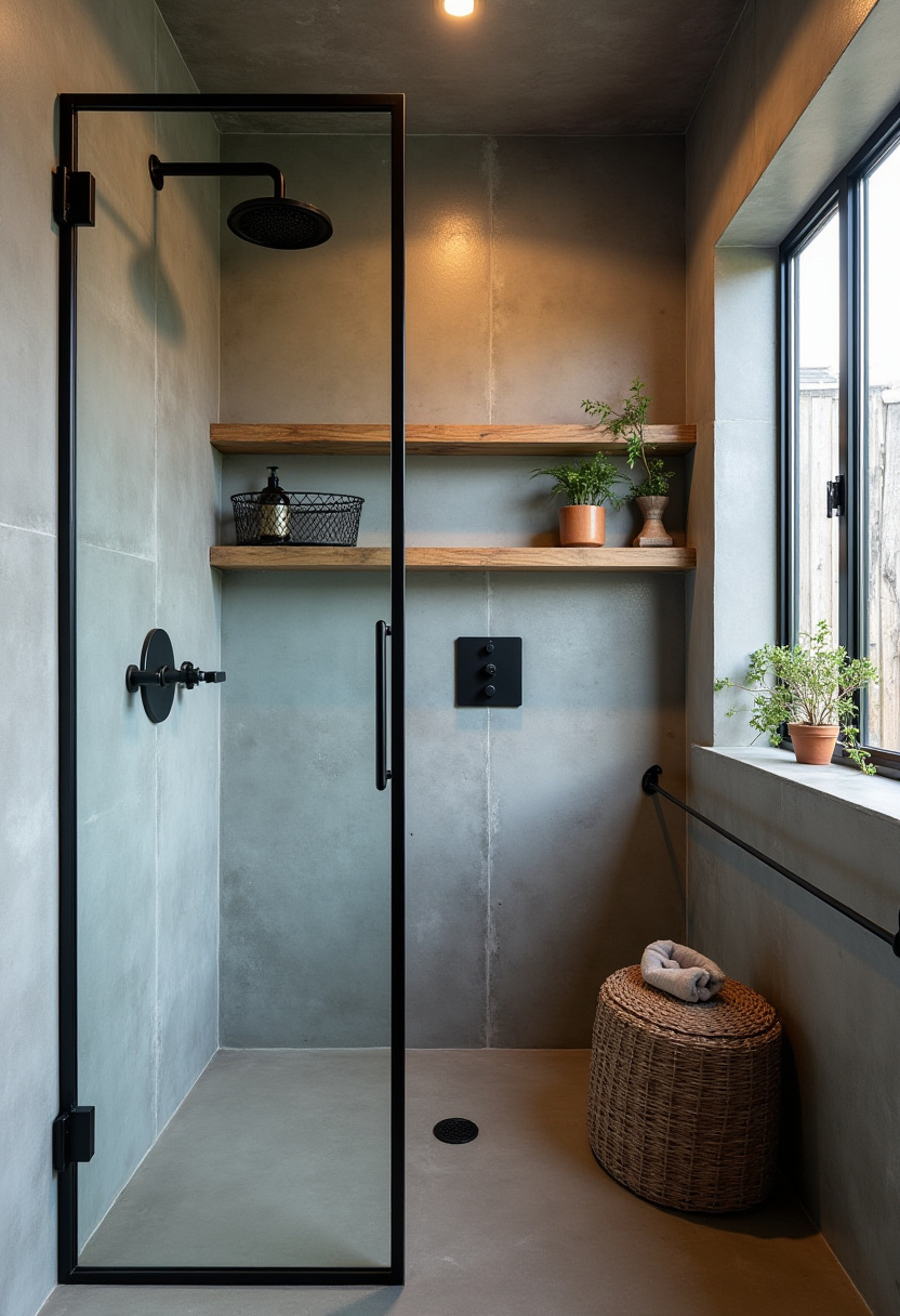 This serene shower setup features a black-framed glass door, concrete walls, wooden shelves, and lush greenery. Wicker basket adds natural charm.
#ConcreteBathroom #BlackShowerFrame #MinimalistShowerDesign #GreenBathroomDecor #WickerStorageIdeas