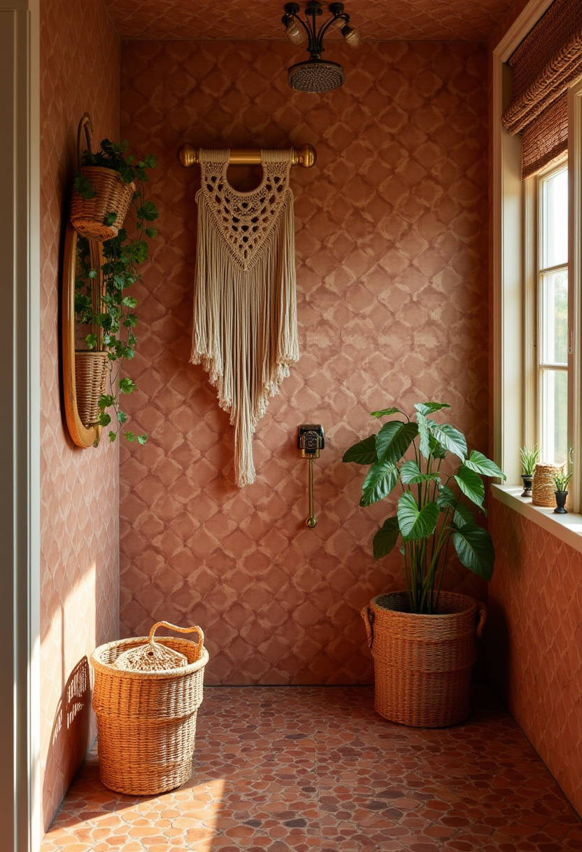 Warm and cozy room with terracotta walls, wicker baskets, a macramé wall hanging, and leafy plants. Soft natural light enhances the earthy vibe.
#TerracottaBathroom #EarthToneDecor #MacrameWallDecor #WarmBathroomStyle #CozyBathroomIdeas